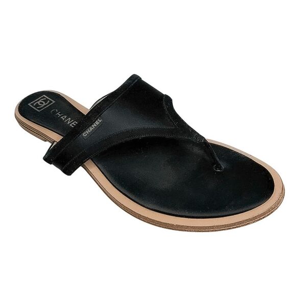 Chanel Black Thong Sandals Nylon Velvet Trim Wood Sole EU 40 US 9–9.5 Flip Flop